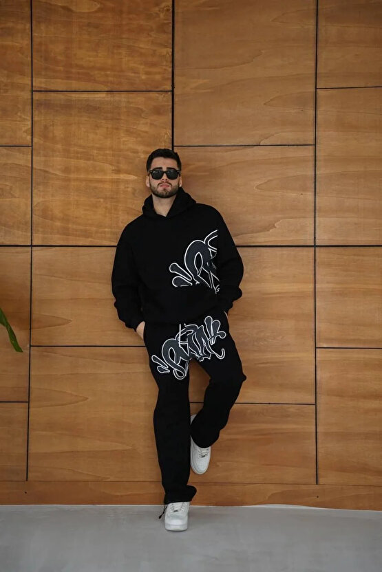 Erkek Kapüşonlu Eşofman Takım Graffiti Baskılı Oversize Rahat Kalıp, Kanguru Cepli, Streetwear Tarzı