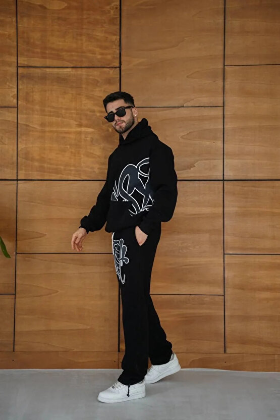 Erkek Kapüşonlu Eşofman Takım Graffiti Baskılı Oversize Rahat Kalıp, Kanguru Cepli, Streetwear Tarzı