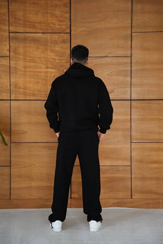 Erkek Kapüşonlu Eşofman Takım Örümcek Ağı Ve Neon Yeşil Baskılı Kanguru Cepli Oversize Rahat Kalıp,