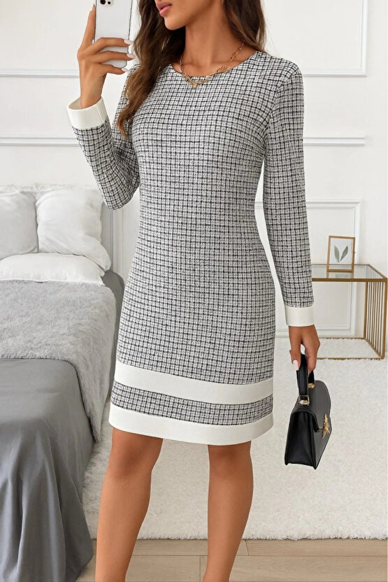 Kadın Uzun Kollu Yuvarlak Yaka Etek Ucu şerit Detaylı Mini Dokuma Elbise