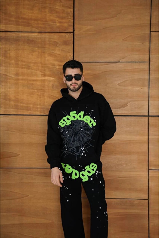 Erkek Kapüşonlu Eşofman Takım Örümcek Ağı Ve Neon Yeşil Baskılı Kanguru Cepli Oversize Rahat Kalıp,