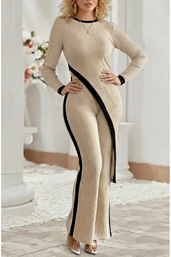 Kadın Uzun Kollu Bisiklet Yaka Asimetrik Kesim Bluz şardonlu Kaşkorse Bluz Ve Pantolon Ikili Takım