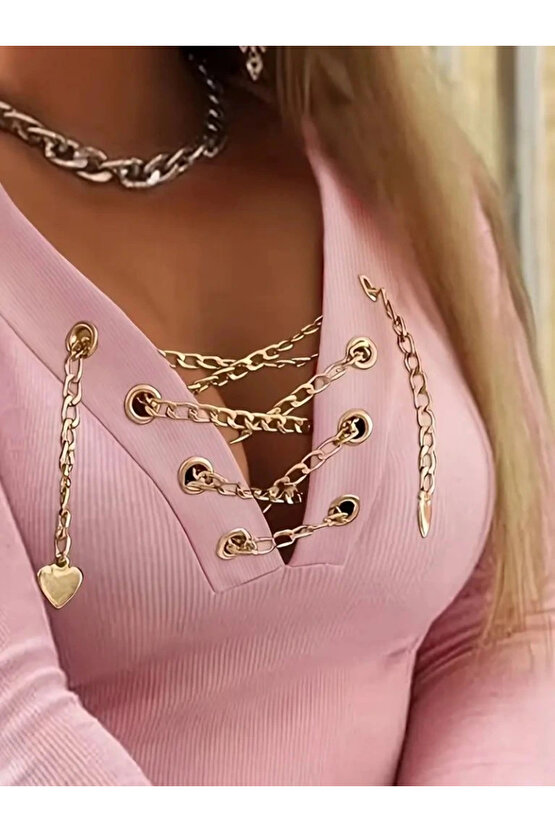 Kadın Uzun Kollu V çapraz Zincir Detaylı Kaşkorse Bluz