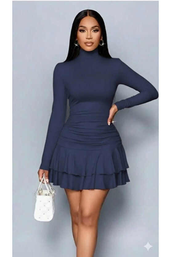 Kadın Uzun Kollu Balıkçı Yaka Mini Fırfırlı Sandy Elbise