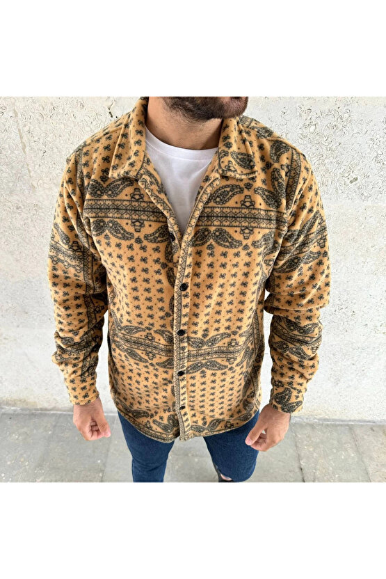 Erkek Desenli Düğmeli Polar Gömlek – Hardal Paisley Desen Yakalı, Uzun Kollu, Oversize Rahat Kalıp -