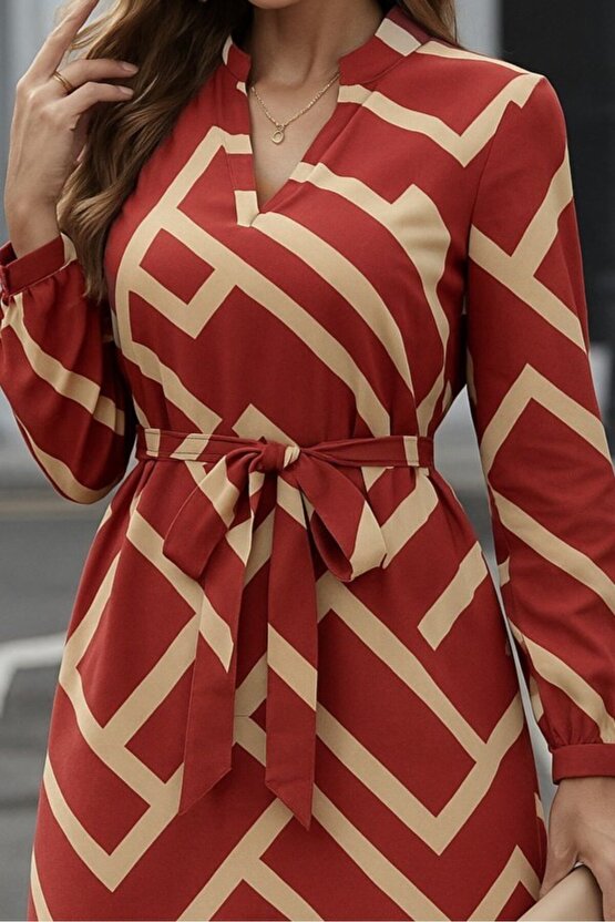 EQURİ Kadın Uzun Kollu V Yakalı Desenli Belinde Kuşaklı Dalgıç Elbise