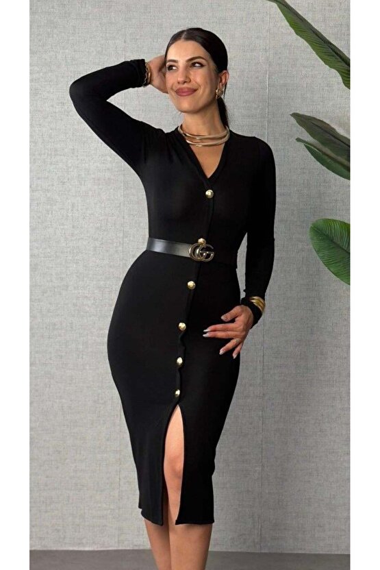 EQURİ Kadın Uzun Kollu V Yakalı önden Düğmeli Yırtmaçlı Modal Midi Kemersiz Elbise