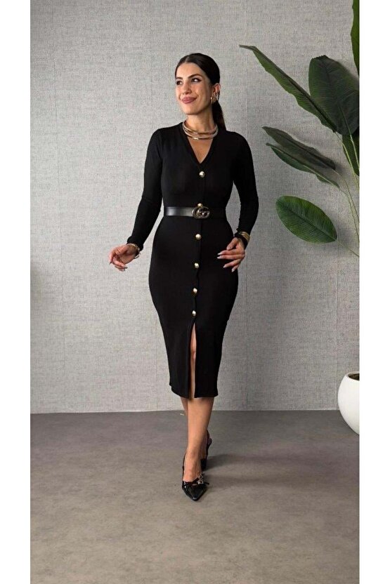EQURİ Kadın Uzun Kollu V Yakalı önden Düğmeli Yırtmaçlı Modal Midi Kemersiz Elbise