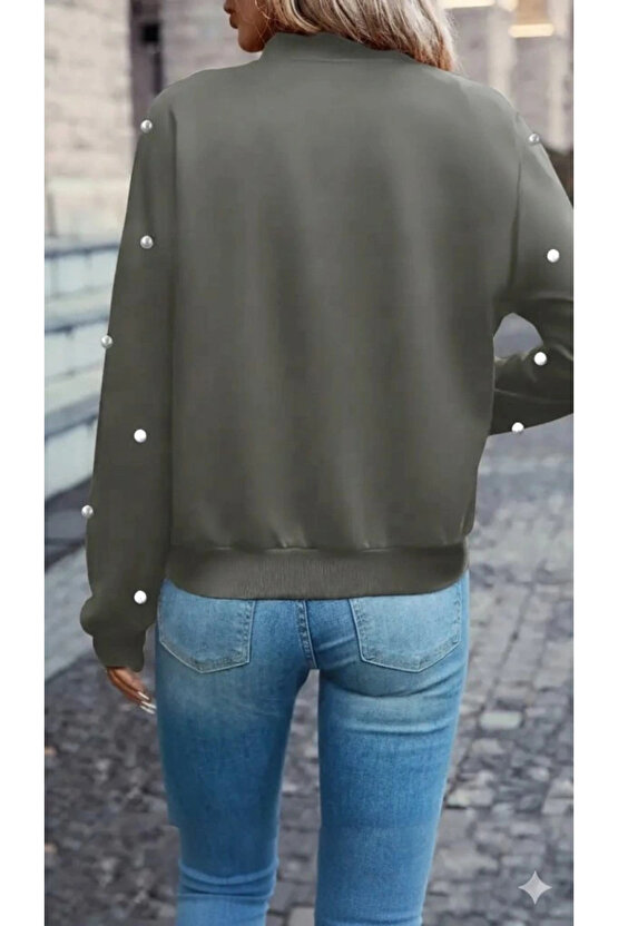Kadın Uzun Kollu önden Fermuarlı Incili Kısa Modal Ceket