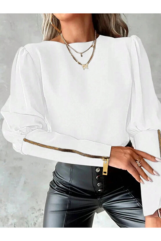 Kadın Uzun Kollu Bisiklet Yaka Fermuar Detaylı Ithal Krep Bluz