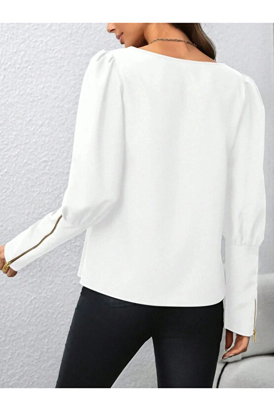 Kadın Uzun Kollu Bisiklet Yaka Fermuar Detaylı Ithal Krep Bluz