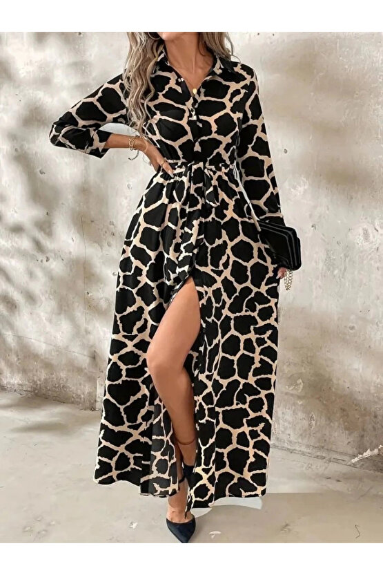 Kadın Uzun Kollu Yakalı önü Düğmeli Desenli Belden Kuşaklı Uzun Süprem Elbise