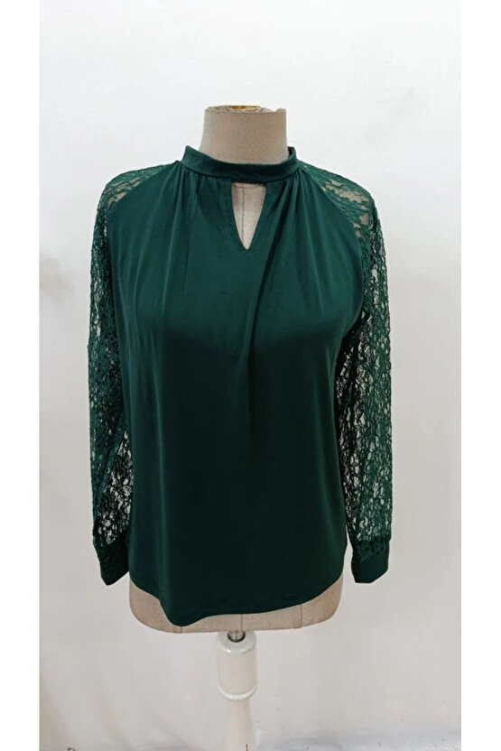 Kadın Uzun Dantel Kollu Yuvarlak Yakalı Sandy Bluz