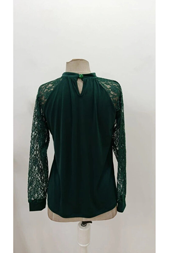 Kadın Uzun Dantel Kollu Yuvarlak Yakalı Sandy Bluz