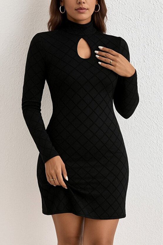 EQURİ Kadın Uzun Kollu Damla Detay Flok Baskı Dalgıç Mini Elbise