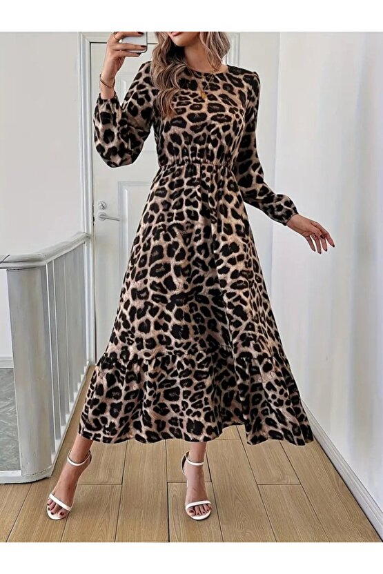 EQURİ Uzun Kollu Bisiklet Yaka Leopar Desenli Midi Süprem Elbise