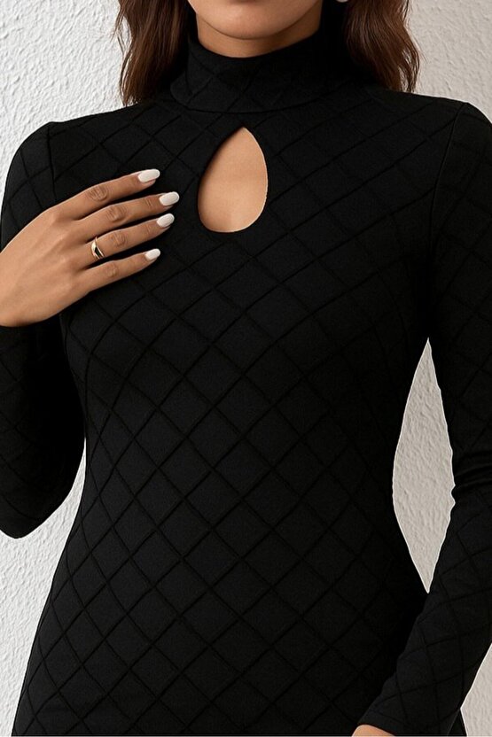 EQURİ Kadın Uzun Kollu Damla Detay Flok Baskı Dalgıç Mini Elbise