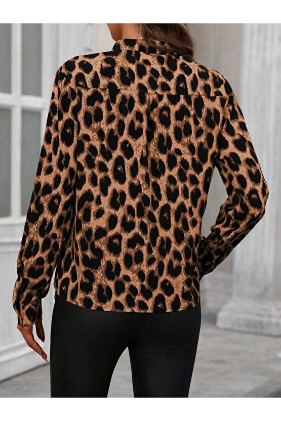 Kadın Uzun Kollu V Yakalı Leopar Desenli Modal Bluz