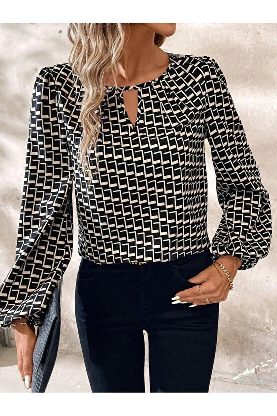 MDB Kadın Uzun Kollu Damla Detaylı Yaka Desenli Süprem Bluz