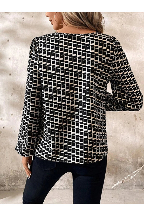MDB Kadın Uzun Kollu Damla Detaylı Yaka Desenli Süprem Bluz