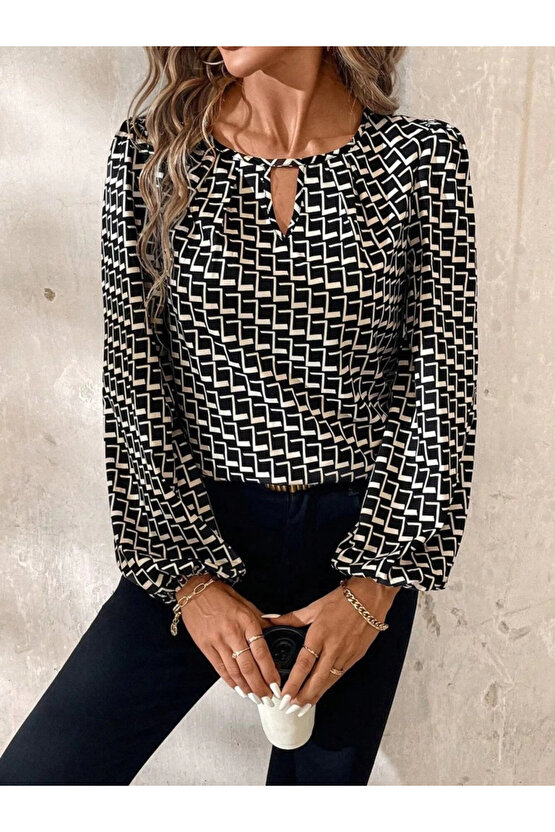 MDB Kadın Uzun Kollu Damla Detaylı Yaka Desenli Süprem Bluz