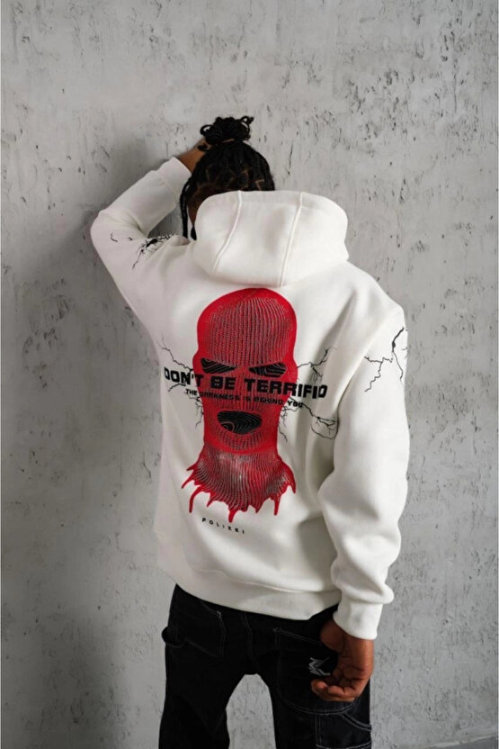 Erkek Oversize Üç İplik Kapüşonlu Sweatshirt – Don’t Be Terrified Ön, Sırt Ve Kol Baskılı, Kanguru