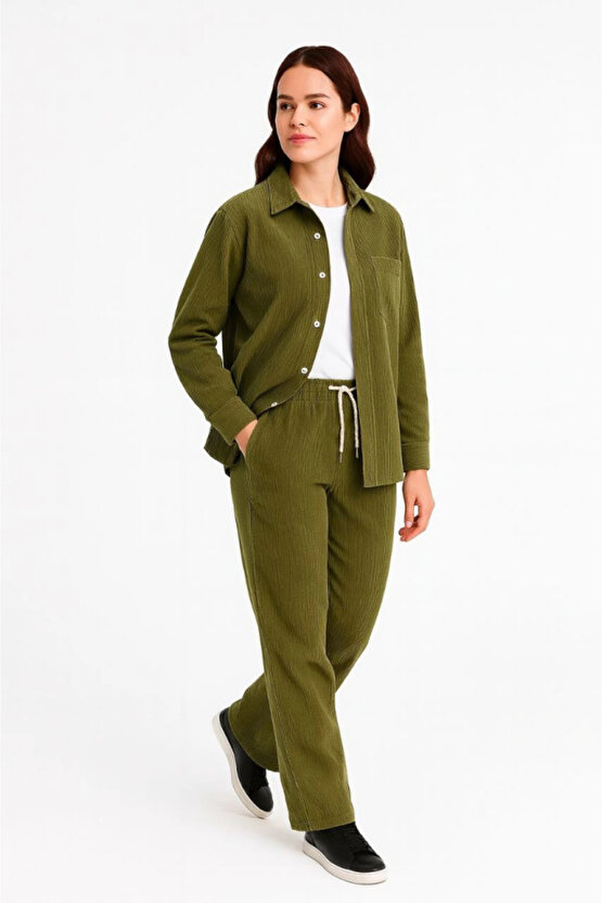 EQURİ Kadife Oversize Takım – Gömlek Ve Pantolon İkili Set Füme Corduroy Şıklığı, Rahat Ve Zarif Dur