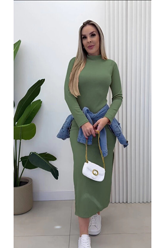 Kadın Uzun Kollu Balıkçı Yakalı Yanlardan Yırtmaçlı Kaşkorse Maxi Elbise