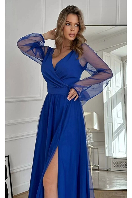 MDB Kadın Uzun Kollu Kruvaze Yakalı Belden Kuşaklı Tüllü Uzun Ithal Krep Elbise