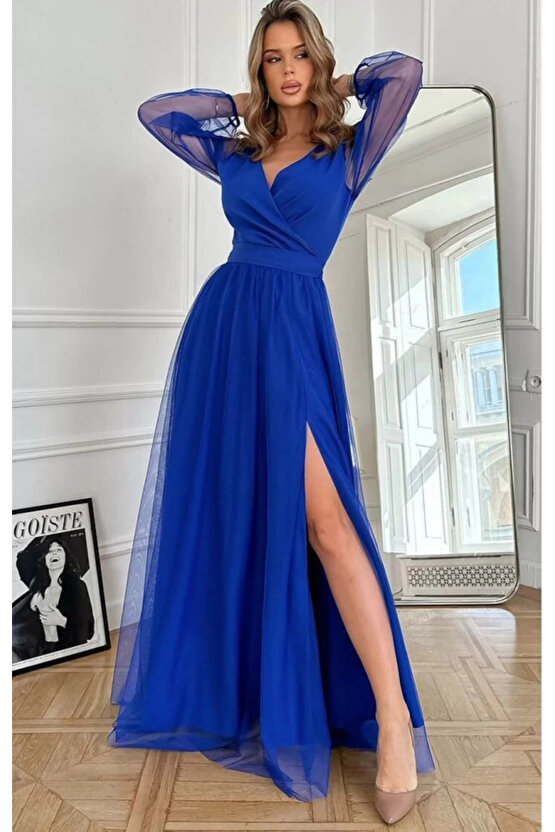 MDB Kadın Uzun Kollu Kruvaze Yakalı Belden Kuşaklı Tüllü Uzun Ithal Krep Elbise