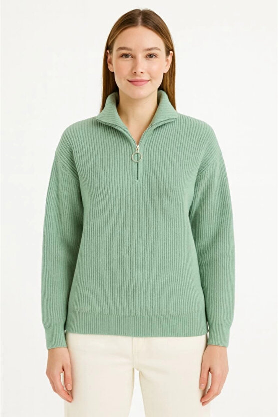 KADIN Yarım Fermuarlı Triko Kazak – Selanik Örgü, Dik Yaka, Pamuklu Dokuma, Oversize Uzun Kollu Kışl