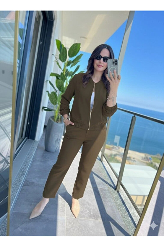 Kadın Uzun Kollu önden Fermuarlı Modal Ceket Ve Pantolon Ikili Takım