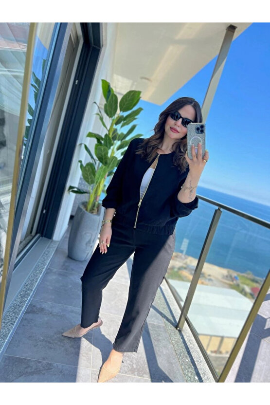 Kadın Uzun Kollu önden Fermuarlı Modal Ceket Ve Pantolon Ikili Takım