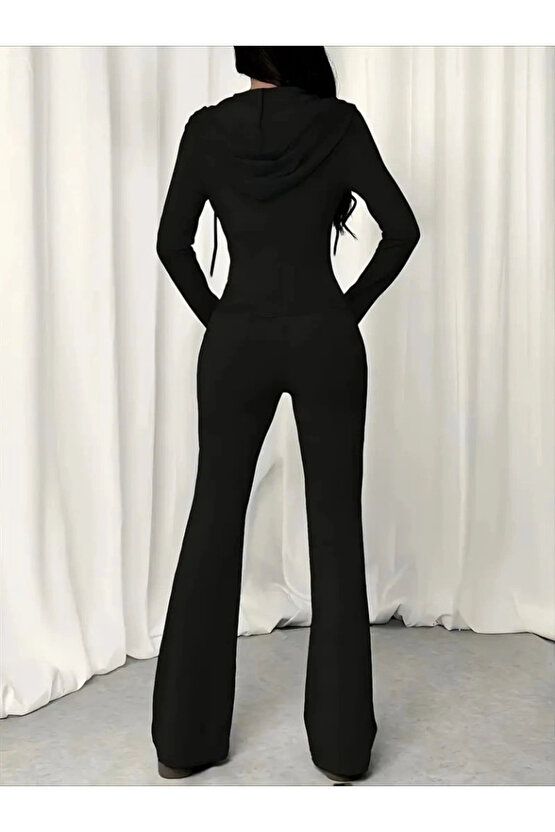 Kadın Uzun Kollu Kapşonlu Bağcıklı önü Fermuarlı Viskon Iki Iplik Bluz Ve Pantolon Ikili Takım