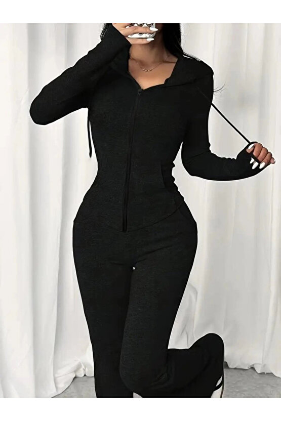 Kadın Uzun Kollu Kapşonlu Bağcıklı önü Fermuarlı Viskon Iki Iplik Bluz Ve Pantolon Ikili Takım