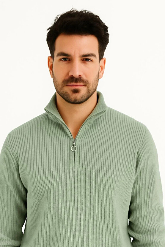 Erkek Yarım Fermuarlı Triko Kazak – Selanik Örgü, Dik Yaka, Pamuklu Dokuma, Regular Fit Uzun Kollu K