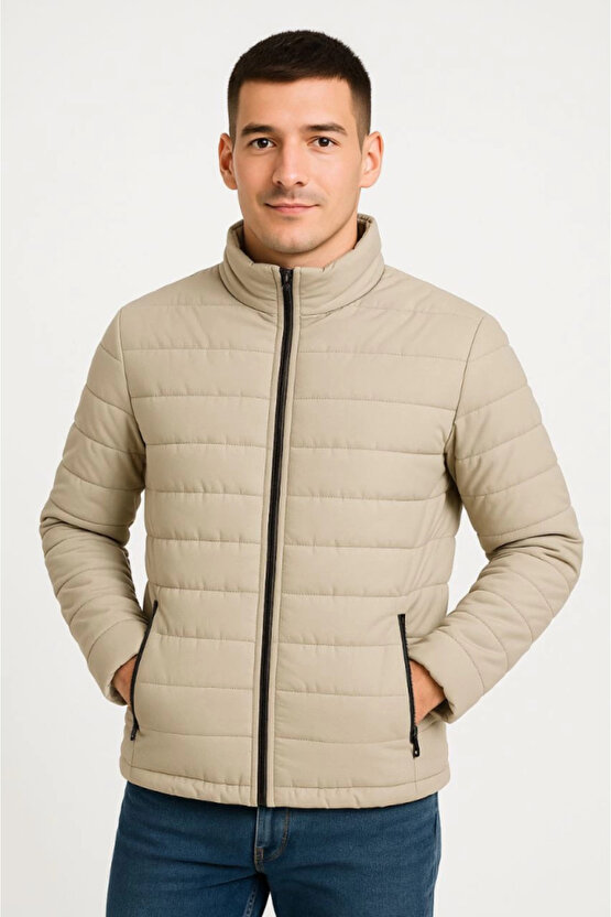 EQURİ Erkek Bomber Mont Ceket – Su İtici Kumaş, Kapitone Astarlı, Fermuarlı, Kışlık - Bej