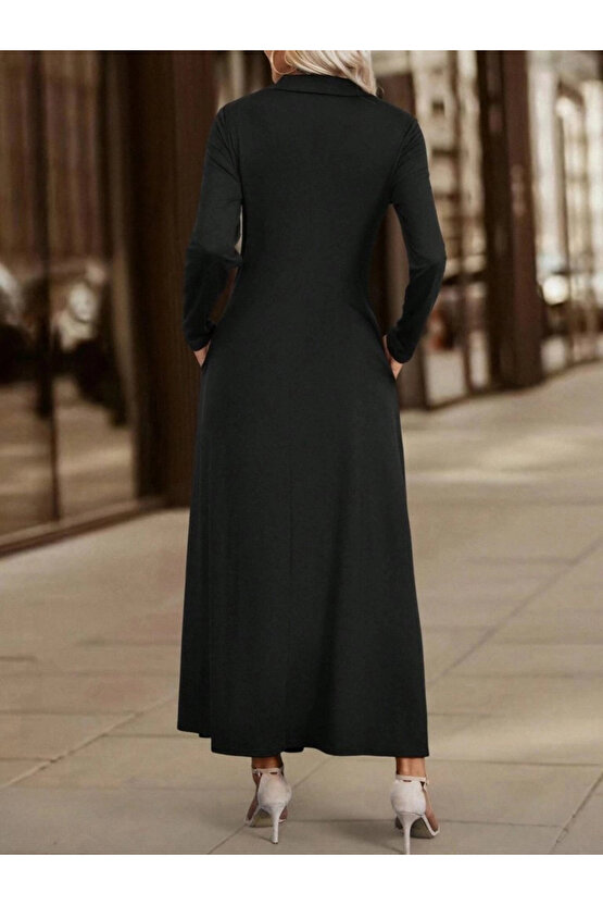 Kadın Uzun Kollu Yakalı önden Fermuarlı Uzun Viskon Iki Iplik Elbise