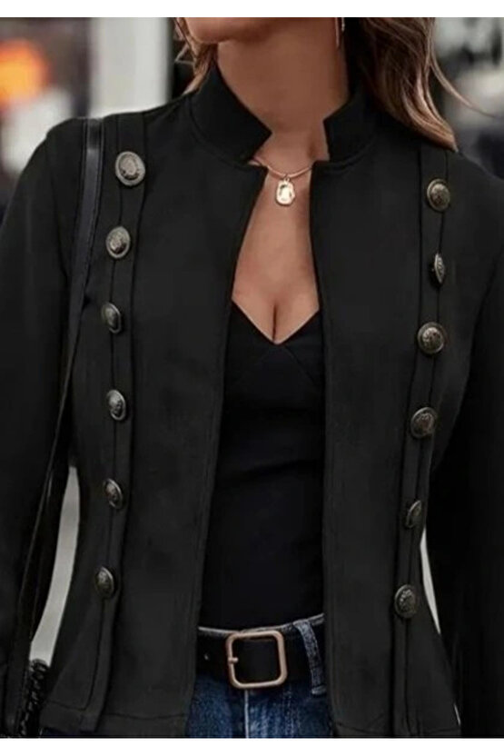 Kadın Uzun Kollu Hakim Yaka Yanlardan Düğmeli Kısa Süet Ceket