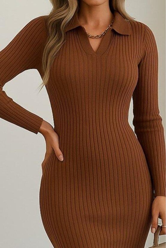 Kadın Uzun Kollu Yakalı Triko Elbise