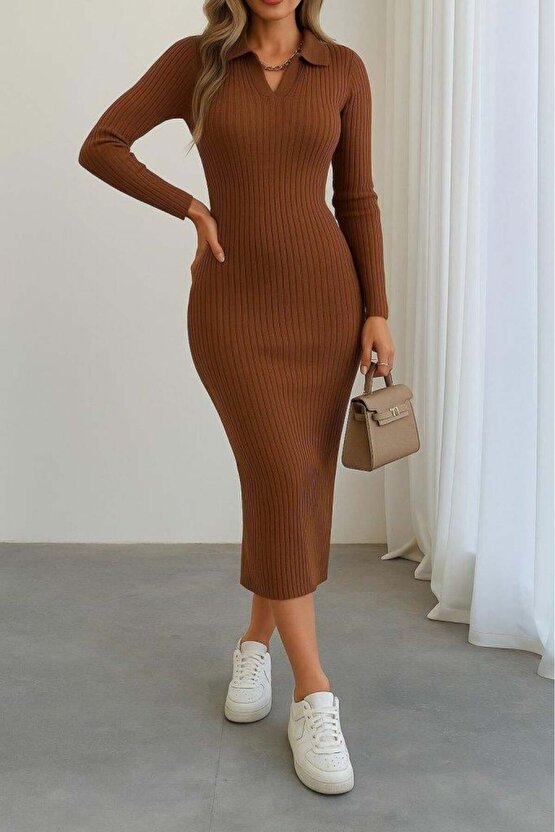 Kadın Uzun Kollu Yakalı Triko Elbise