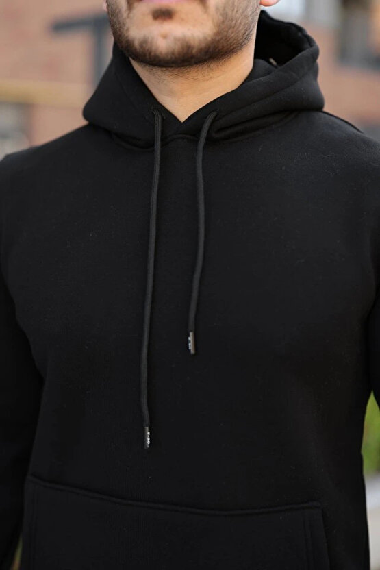 Erkek Kapüşonlu Üç İplik Şardonlu Hoodie