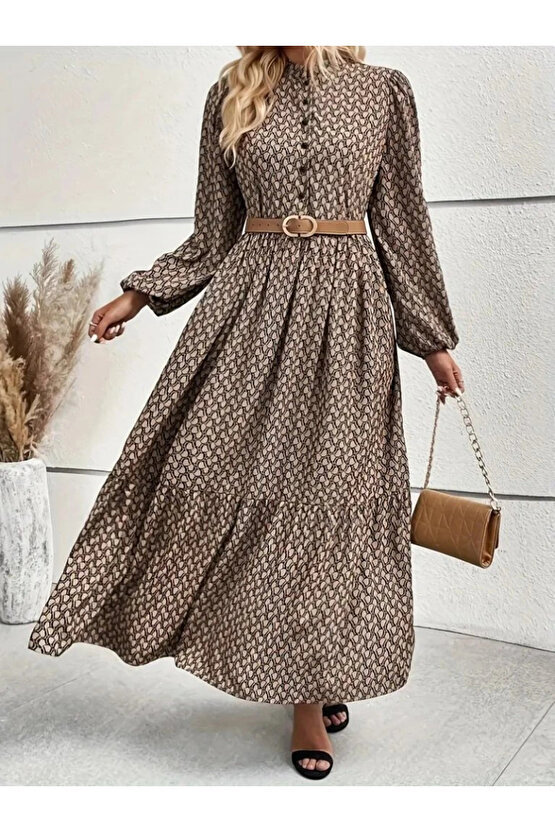 Kadın Uzun Kollu Hakim Yakalı Düğmeli Kemersiz Desenli Maxi Süprem Elbise
