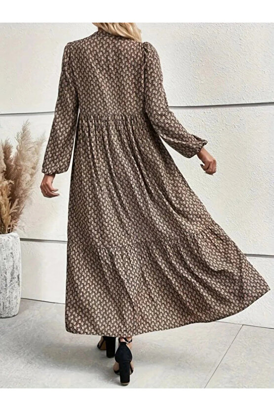 Kadın Uzun Kollu Hakim Yakalı Düğmeli Kemersiz Desenli Maxi Süprem Elbise