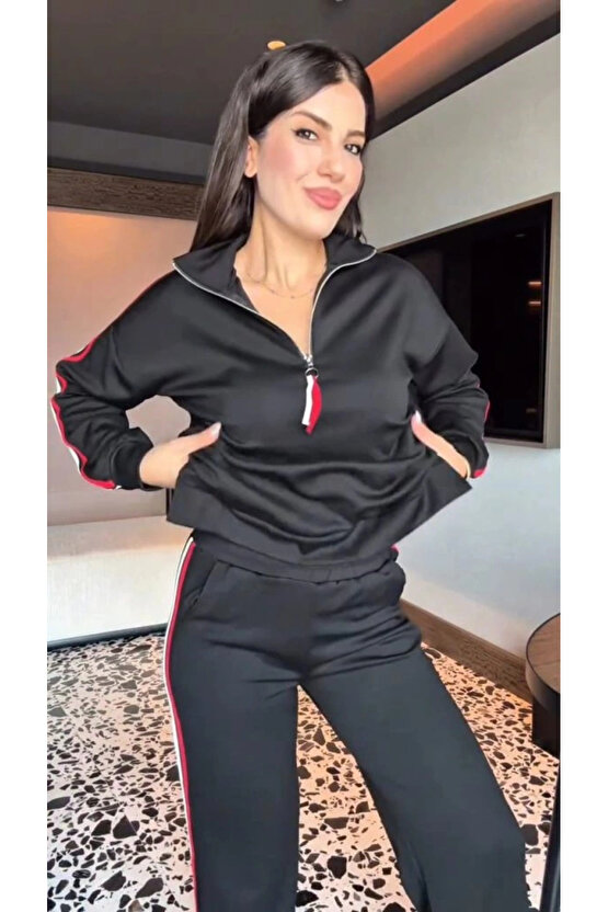 Kadın Uzun Kollu Fermuarlı Viskon Iki Iplik Bluz Ve Pantolon Ikili Takım