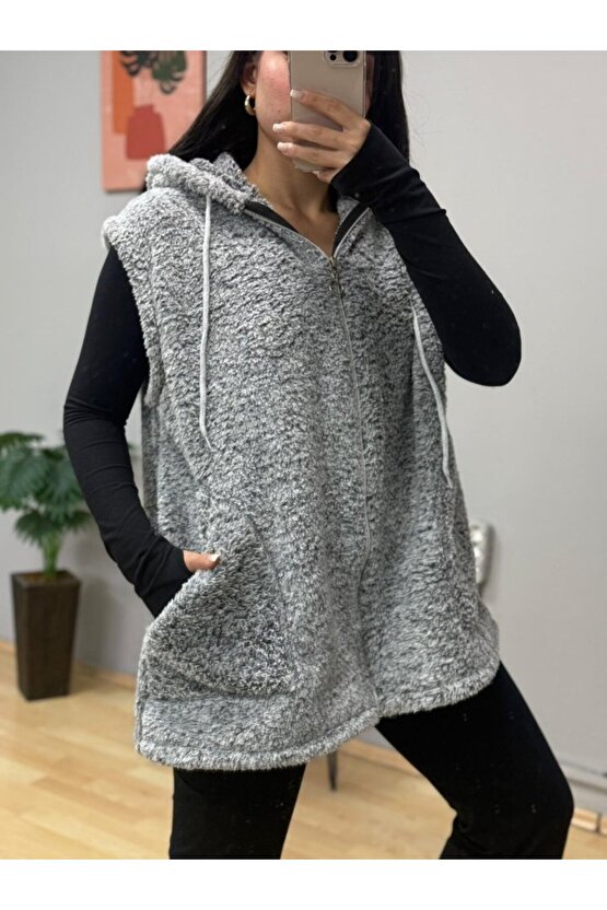 AhEs Shopping Kadın Kapüşon Ve Fermuar Detay Welsoft Kolsuz Yelek