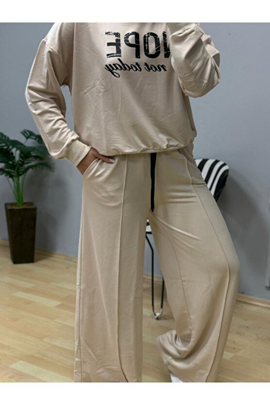 EQURİ Kadın Uzun Kollu Nope Baskılı Beli Ribanalı Ikili Takım