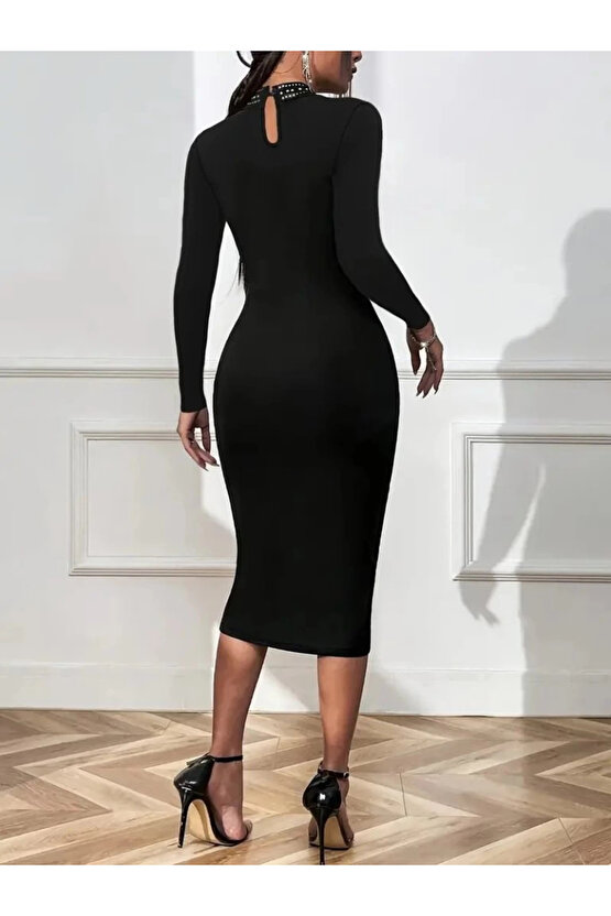 Kadın Uzun Kollu Balıkçı Yaka Taşlı Damla Detay Midi Ithal Krep Elbise