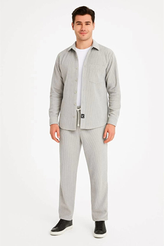 Erkek Kadife Oversize Takım – Gömlek Ve Pantolon İkili Set Füme Corduroy Şıklığı, Rahat Ve Zarif Dur