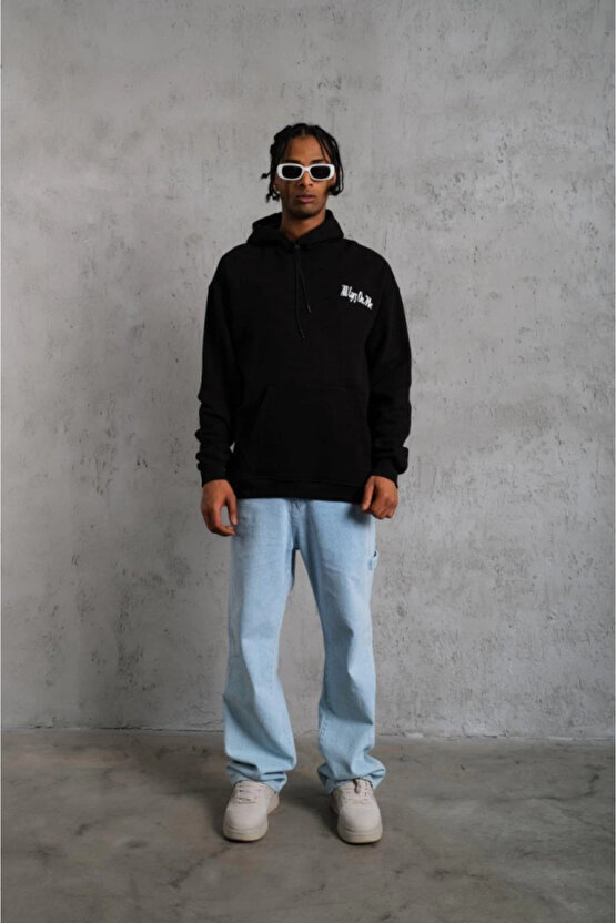 EQURİ Erkek Oversize Üç İplik Kapüşonlu Sweat – Siyah Kol Ve Etek Ribana Detaylı, Ön Ve Sırt Baskılı